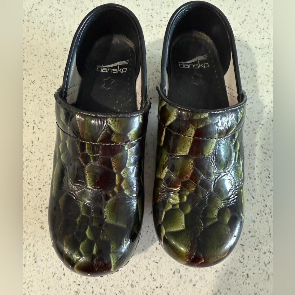 Dansko Olive Green and Black Textured Leather Clogs